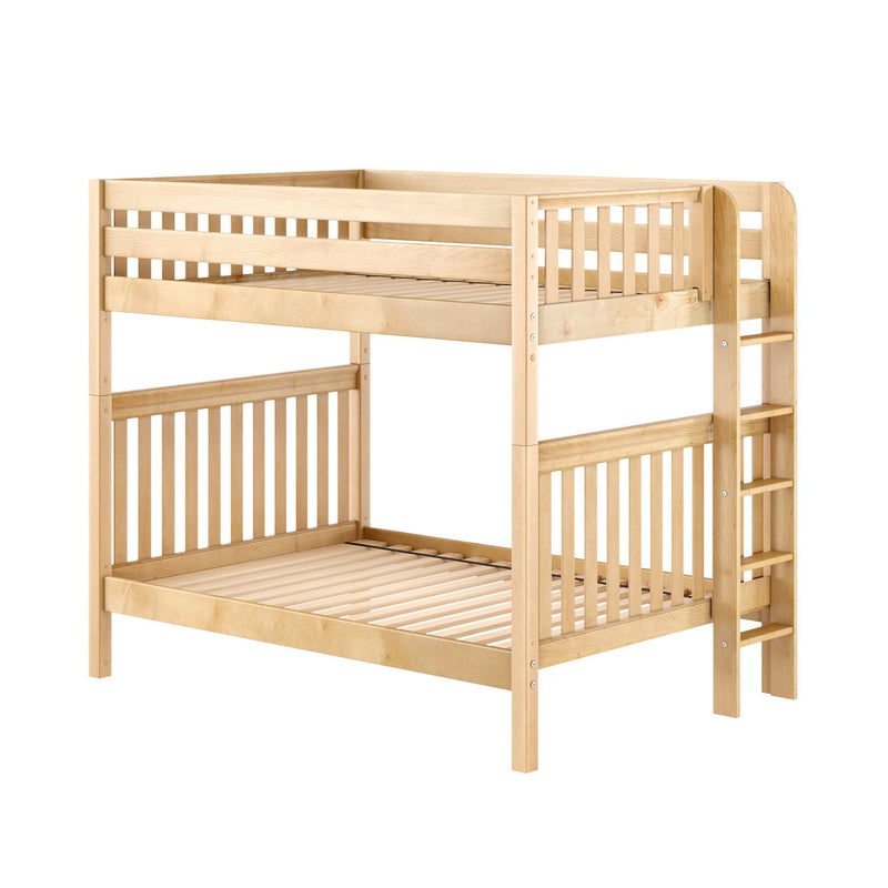 Natural light wood solid bunk bed with slatted rails and built-in ladder — minimalist, space-saving children's bedroom frame