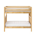Natural maple twin-over-twin bunk bed frame with white mattress, solid wood slatted sides and safety rails