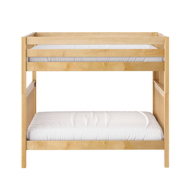 Natural maple twin-over-twin bunk bed frame with white mattress, solid wood slatted sides and safety rails