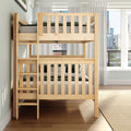 Natural wood bunk bed with ladder and green bedding in a modern, sunlit kids' bedroom overlooking a city skyline through large windows
