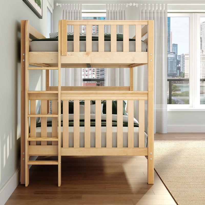 Natural wood bunk bed with ladder and green bedding in a modern, sunlit kids' bedroom overlooking a city skyline through large windows
