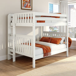 White wooden bunk bed with orange bedding and ladder in a bright modern bedroom with hardwood floors and city skyline view