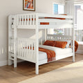 White wooden bunk bed with orange bedding and ladder in a bright modern bedroom with hardwood floors and city skyline view