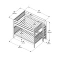 Twin-over-full wooden bunk bed assembly diagram with ladder, guardrails and slatted mattress supports, detailed measurements and dimensions in inches and cm