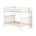 White wooden bunk bed with ladder and slatted mattress supports, modern space-saving loft bed for kids bedroom