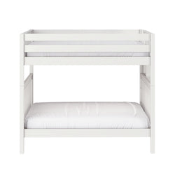White wooden twin-over-twin bunk bed with safety guard rails, slatted sides and white mattresses, modern minimalist kids' bedroom furniture