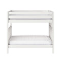 White wooden twin-over-twin bunk bed with safety guard rails, slatted sides and white mattresses, modern minimalist kids' bedroom furniture