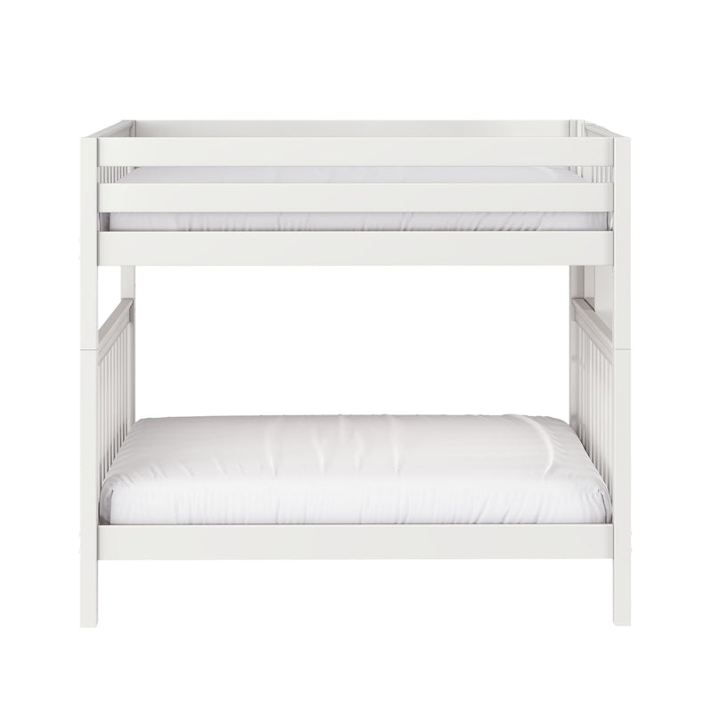 White wooden twin-over-twin bunk bed with safety guard rails, slatted sides and white mattresses, modern minimalist kids' bedroom furniture