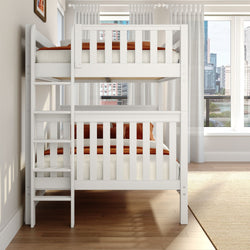 White wooden bunk bed with orange bedding and ladder in a bright modern kids' bedroom with sheer curtains, hardwood floor, and city skyline view