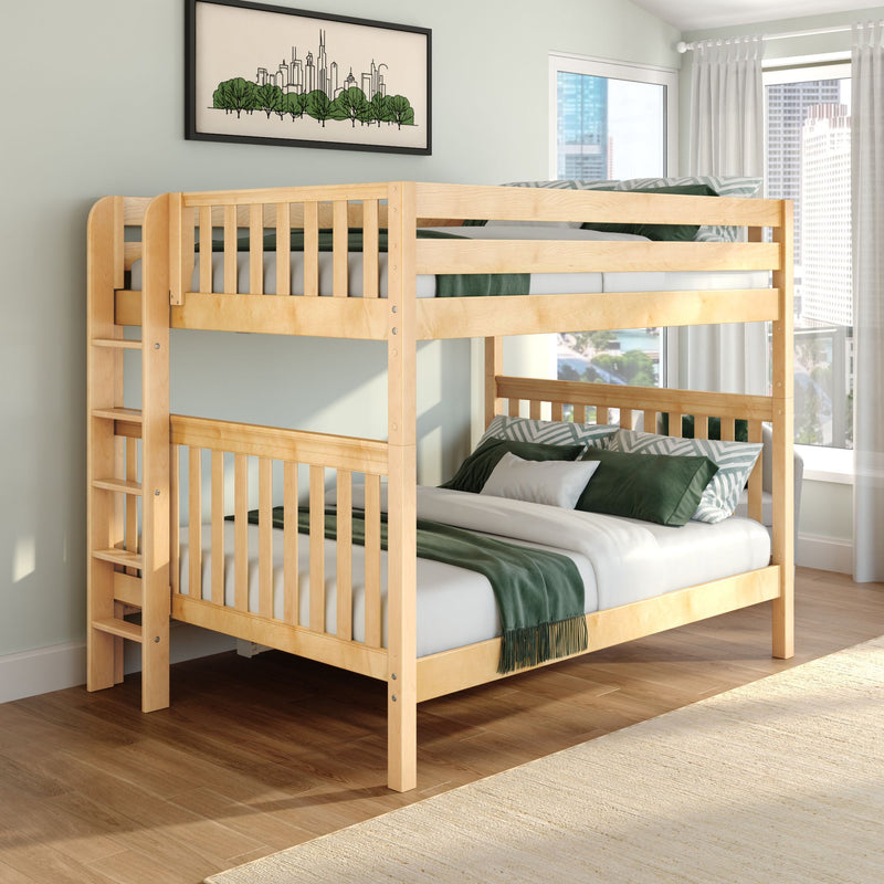 Light wood bunk bed in modern kids' bedroom with green bedding, space-saving design, city skyline wall art and hardwood floor