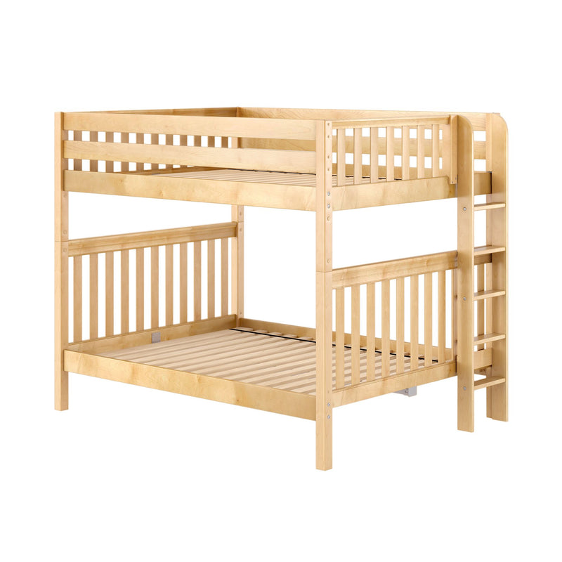 Light maple wood bunk bed with integrated ladder, slatted guardrails and platform slats, modern kids' loft bed