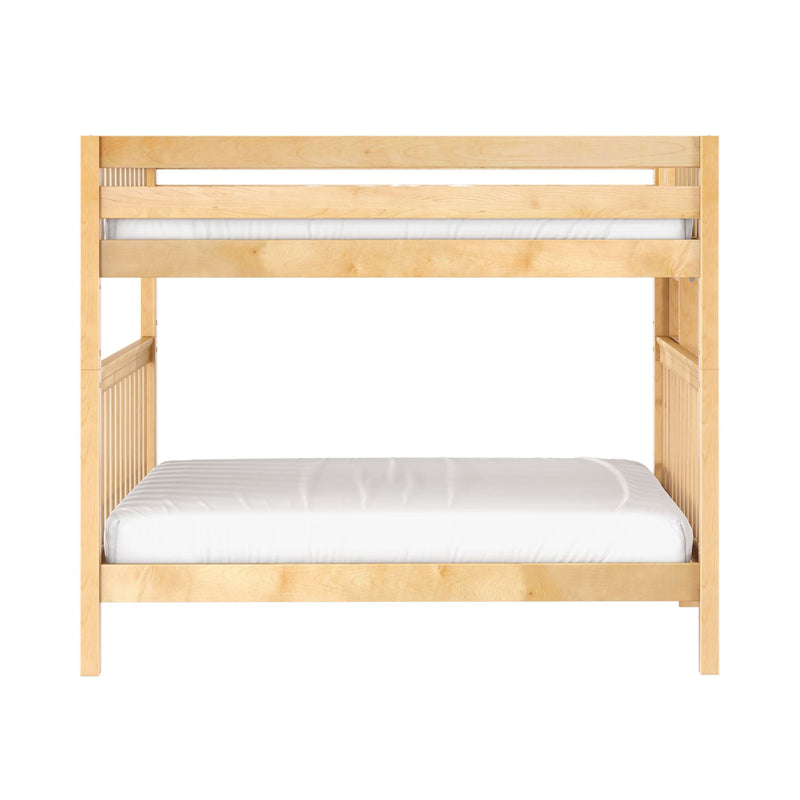 Natural light-wood twin loft bed with slatted guardrail and white mattress, modern minimalist bunk bed design