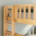 Close-up of solid maple wood bunk bed ladder and slatted safety guardrail in natural finish, highlighting sturdy hardware and construction detail