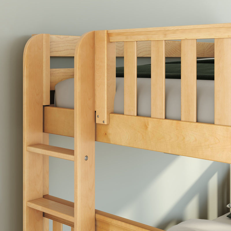 Close-up of solid maple wood bunk bed ladder and slatted safety guardrail in natural finish, highlighting sturdy hardware and construction detail