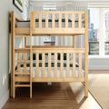 Light natural wood space-saving bunk bed with ladder in modern kids' bedroom, green bedding and city skyline view