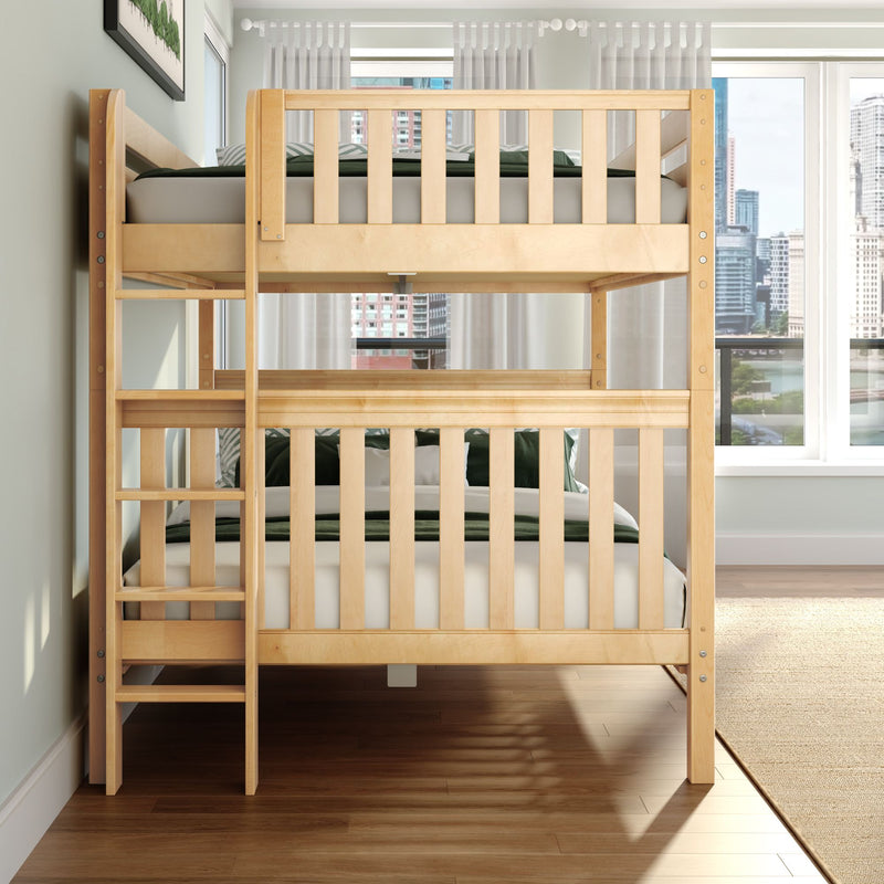 Light natural wood space-saving bunk bed with ladder in modern kids' bedroom, green bedding and city skyline view