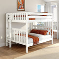 White wooden twin-over-full bunk bed with orange bedding in modern bedroom, hardwood floors and city-view windows
