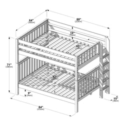 Triple wooden bunk bed assembly diagram with ladder, guardrails and slatted mattress platforms; overall dimensions 84" (213 cm) L x 45" (114 cm) W x 71" (180 cm) H — sturdy kids' loft bunk bed