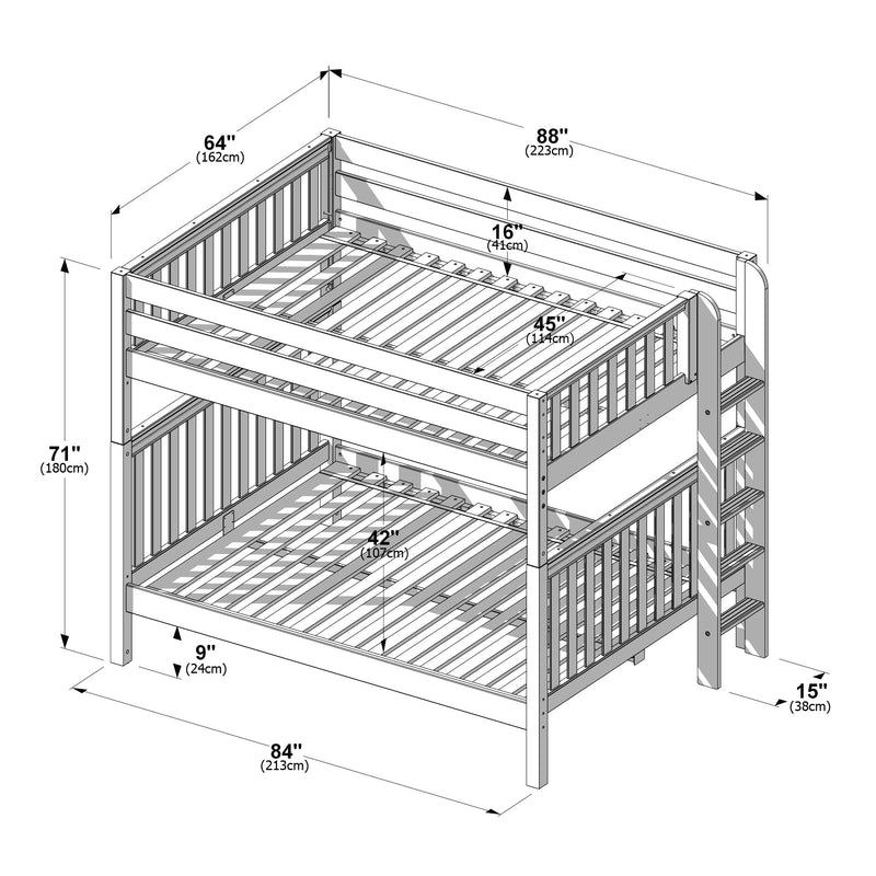 Triple wooden bunk bed assembly diagram with ladder, guardrails and slatted mattress platforms; overall dimensions 84" (213 cm) L x 45" (114 cm) W x 71" (180 cm) H — sturdy kids' loft bunk bed