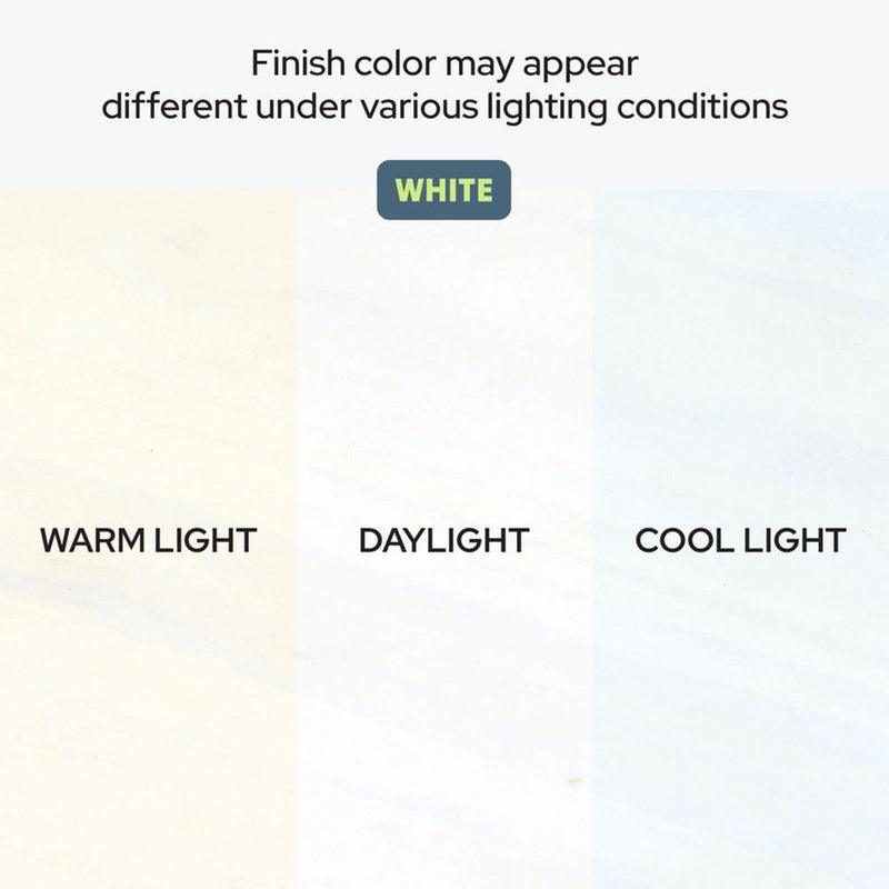 White finish color swatches illustrating how a product's white appears under warm light, daylight and cool light with disclaimer "Finish color may appear different under various lighting conditions
