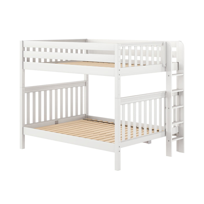 White wooden bunk bed with ladder and safety guardrail, slatted mattress support and minimalist modern design for children's bedrooms