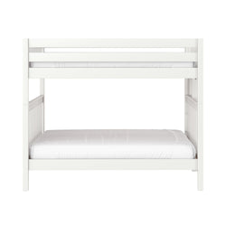 Modern white wooden bunk bed frame with slatted guardrails and white twin mattress, children's loft bed for small bedrooms