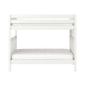 Modern white wooden bunk bed frame with slatted guardrails and white twin mattress, children's loft bed for small bedrooms