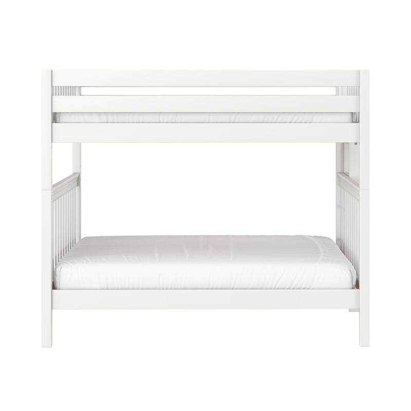Modern white wooden bunk bed frame with slatted guardrails and white twin mattress, children's loft bed for small bedrooms
