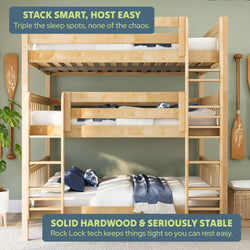 Solid hardwood triple bunk bed with ladders and blue-and-white bedding in a space-saving, stable guest or kids room