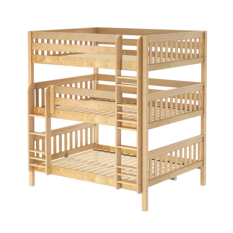 Three-tier solid wood bunk bed in natural finish with built-in ladder and slatted guardrails — space-saving kids' bedroom solution