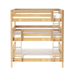 Light natural wood triple bunk bed with three white mattresses, built-in ladders and guardrails — space-saving kids bedroom furniture
