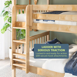 Solid wood bunk bed with attached ladder and anti-slip rungs, children's twin-over-twin bed in light maple finish with navy bedding