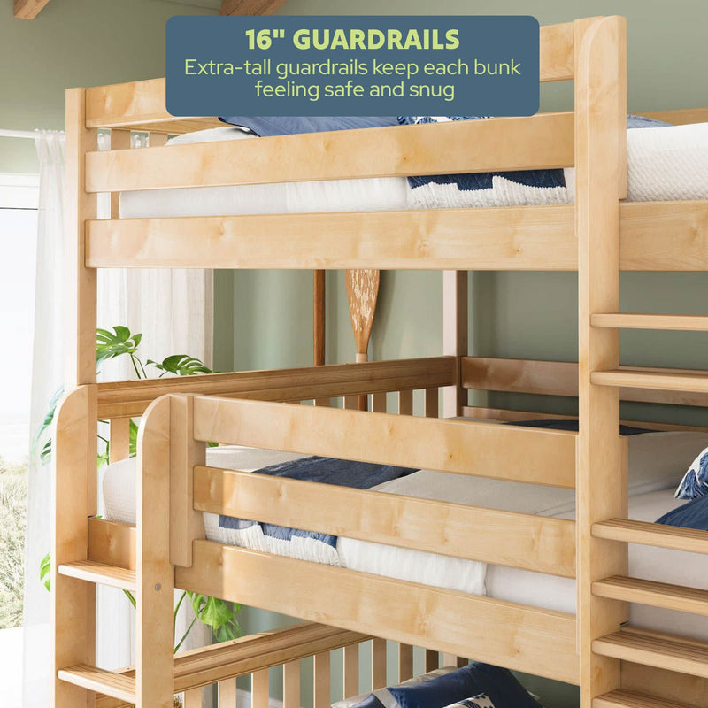 Three-tier solid wood bunk bed with extra-tall 16-inch guardrails, natural light maple finish, built-in ladder and safety rails for kids' bedroom, space-saving design