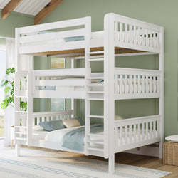 White wooden triple bunk bed with built-in ladders and blue bedding in sunlit kids' bedroom with green accent wall — space-saving bedroom furniture
