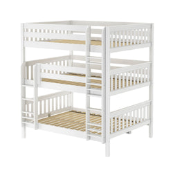 White wooden triple bunk bed with ladder and slatted guardrails, space-saving kids' bedroom furniture