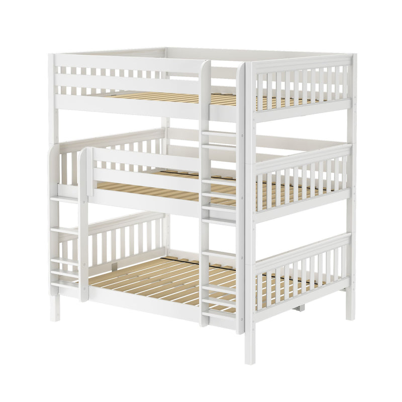 White wooden triple bunk bed with ladder and slatted guardrails, space-saving kids' bedroom furniture