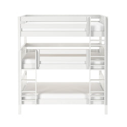 White painted wooden triple bunk bed with ladders and safety rails, space-saving kids bedroom furniture