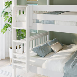 White wooden bunk bed with ladder in modern kids' bedroom — light green walls, indoor plant, blue and beige bedding, cozy minimalist design