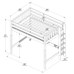 Assembly diagram of wooden loft bed with ladder and guard rails, labeled dimensions: overall 84" x 58" footprint, 71" height, 52" under-bed clearance, 80" mattress length.