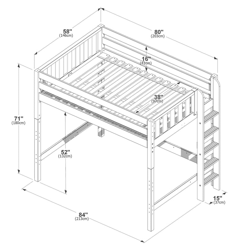 Assembly diagram of wooden loft bed with ladder and guard rails, labeled dimensions: overall 84" x 58" footprint, 71" height, 52" under-bed clearance, 80" mattress length.