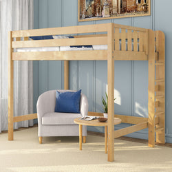 Light wood loft bed with ladder above a cozy reading nook: gray armchair, blue pillow, round side table and plant
