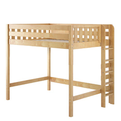Light natural wood twin loft bed frame with safety rails and built-in ladder, space-saving kids bedroom furniture