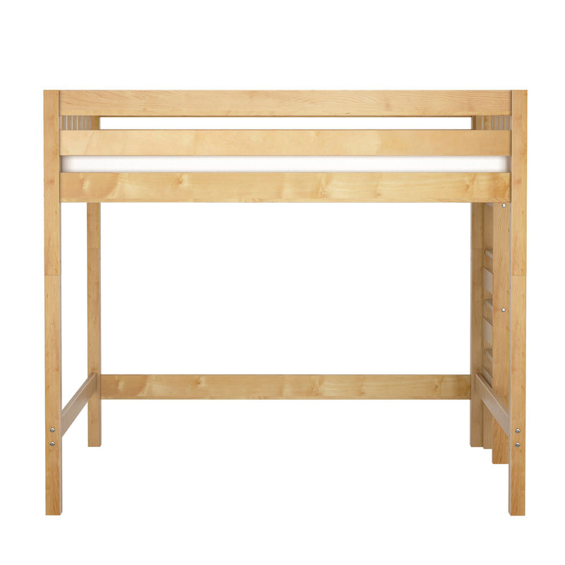 Light natural solid wood loft bed frame with guardrail and built-in ladder, twin-size high sleeper bed for space-saving kids' bedroom