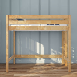 Wooden loft bed natural pine twin with ladder and mattress in modern kids' bedroom — space-saving design against blue paneled wall on hardwood floor