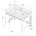 Twin wooden loft bed with built-in ladder and safety rails, slatted mattress support; overall 84×58×71 in (213×146×180 cm), 52 in under-bed clearance