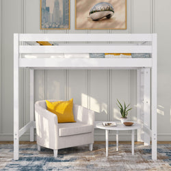 White wooden loft bed with cozy reading nook below featuring beige armchair with yellow pillow, round white side table, potted plant and neutral wall art