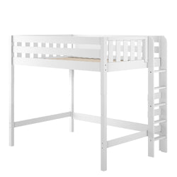 White wooden loft bed with ladder and safety guardrails — space-saving single high sleeper for kids, modern minimalist design