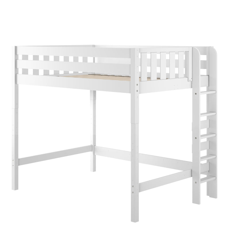 White wooden loft bed with ladder and safety guardrails — space-saving single high sleeper for kids, modern minimalist design