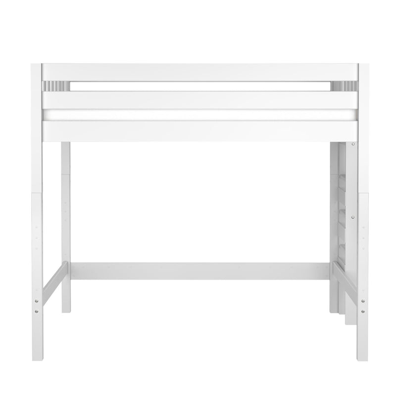 White twin loft bed frame with guardrail and integrated ladder, elevated platform bed for kids and small bedrooms, modern white solid wood finish