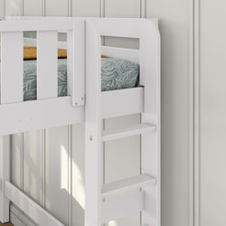 White wooden bunk bed ladder and safety rail with blue leaf-pattern mattress and yellow blanket in modern kids' bedroom